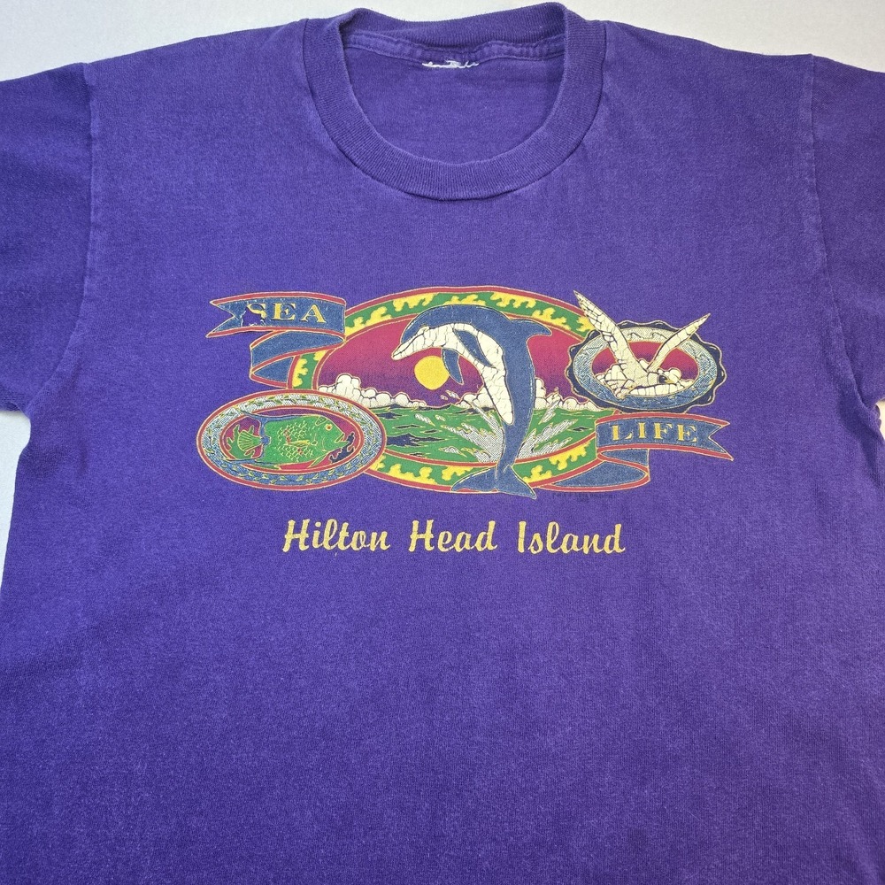 Vtg 90s Hilton Head Island T Shirt S Purple Sea Life Dolphin Sunset Graphic Tee